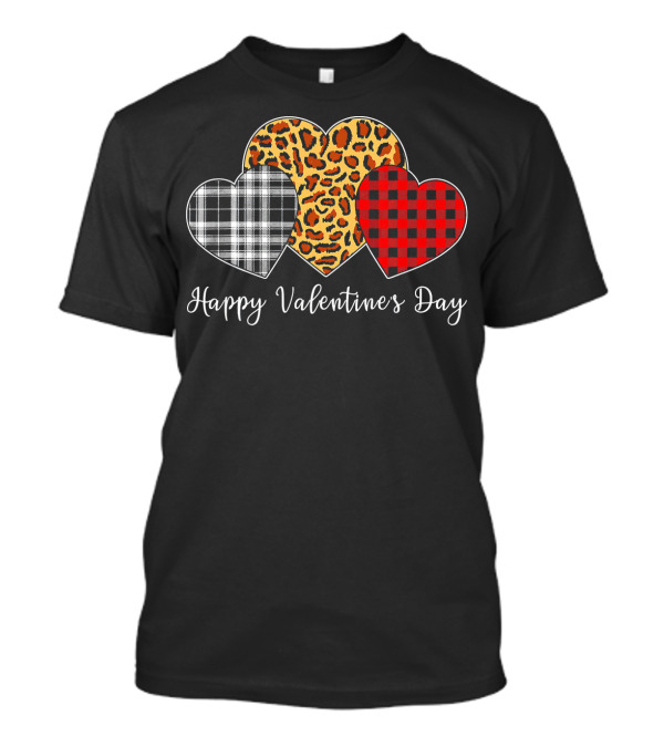 Happy Valentine's Day Three Hearts Leopard Buffalo Plaid T-Shirt