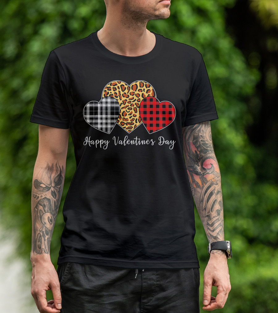 Happy Valentine's Day Three Hearts Leopard Buffalo Plaid T-Shirt