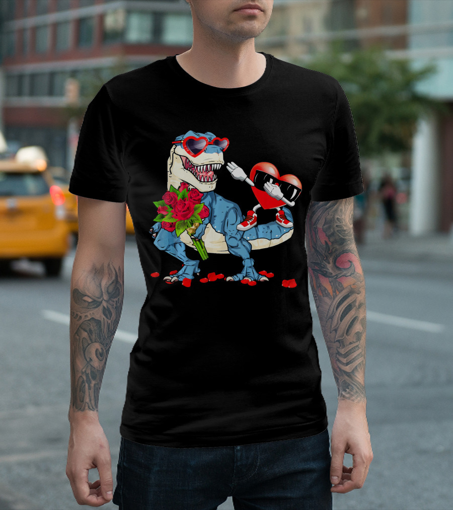 T Rex Dinosaur Heart Sunglasses Rose Bouquet Valentine Dabbing T-Shirt