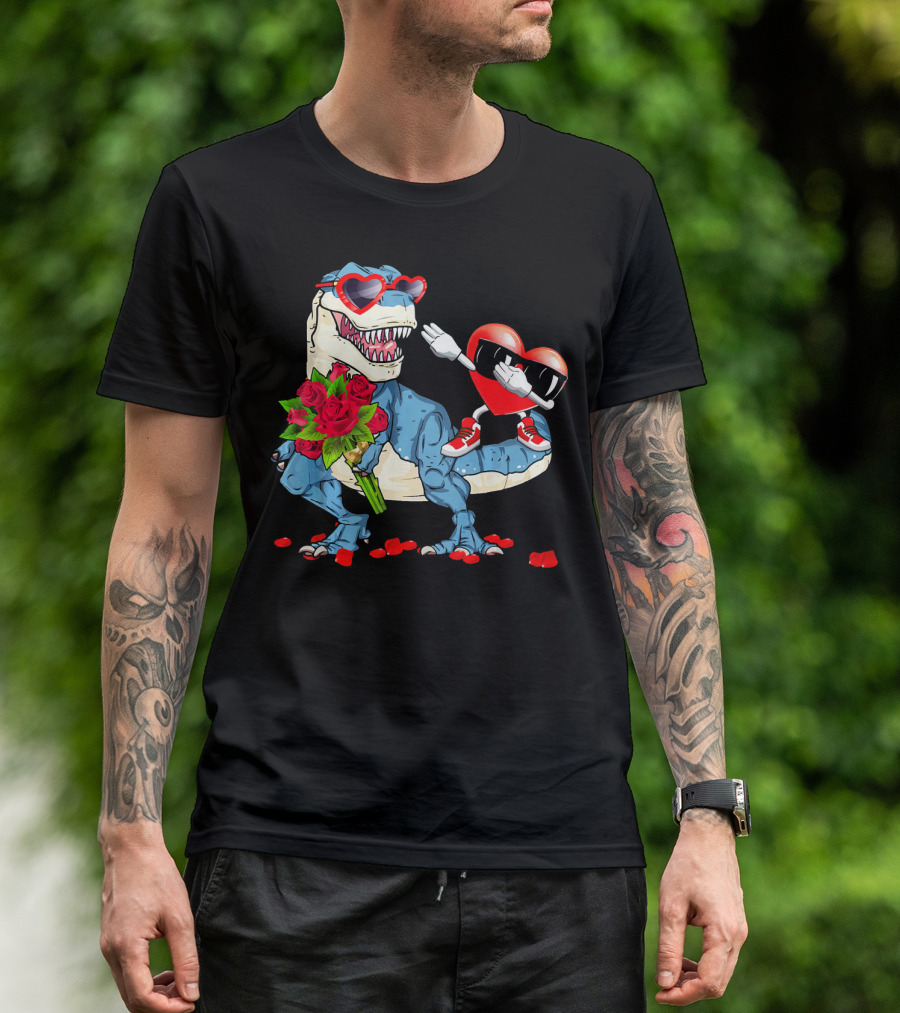 T Rex Dinosaur Heart Sunglasses Rose Bouquet Valentine Dabbing T-Shirt