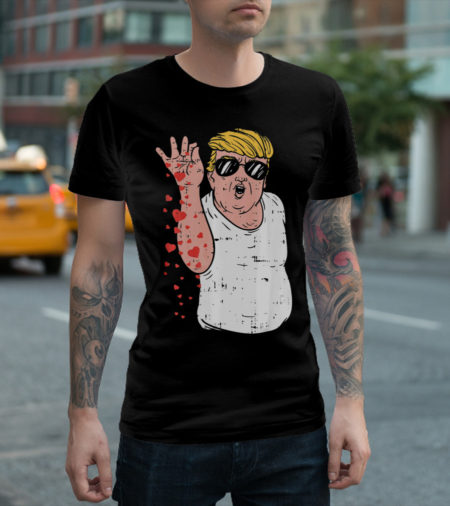 Trump Hearts Valentines Day Love Gesture with Sunglasses and Blonde Hair T-Shirt