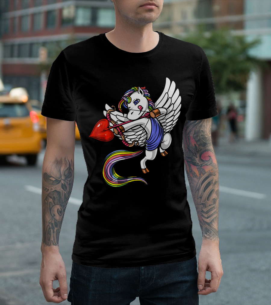 Unicorn Cupid Heart Valentines Day Rainbow Pegasus T-Shirt