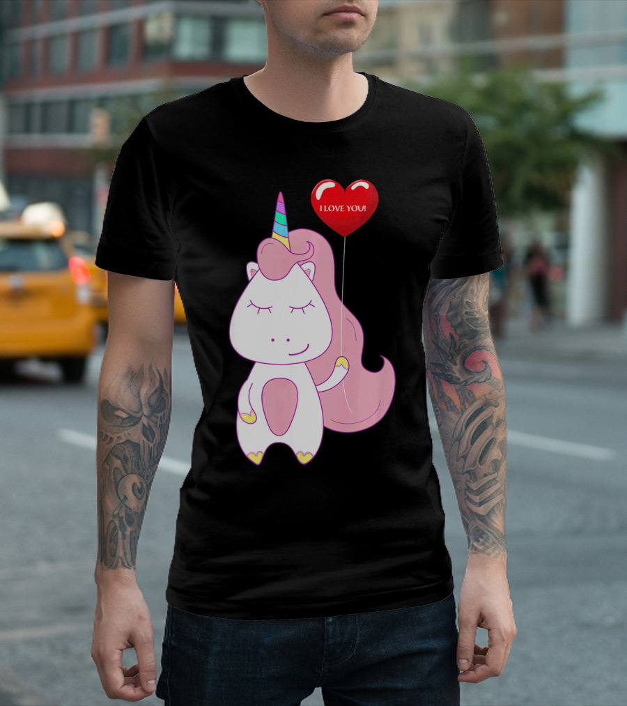 Unicorn Holding Heart Balloon with I Love You Message Valentine T-Shirt
