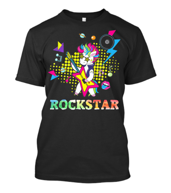 Unicorn Rock Star With Guitar Colorful Music Elements And Neon Symbols T-Shirt