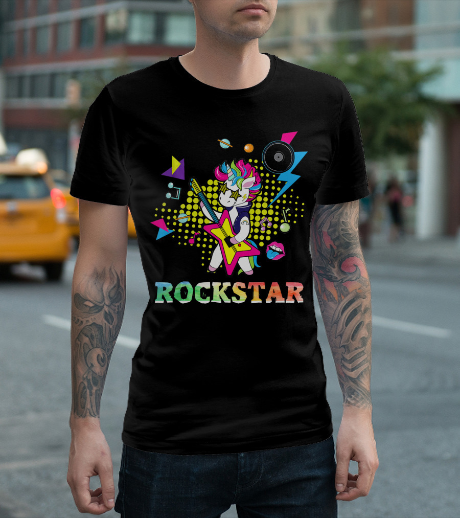 Unicorn Rock Star with Guitar Colorful Music Elements and Neon Symbols T-Shirt
