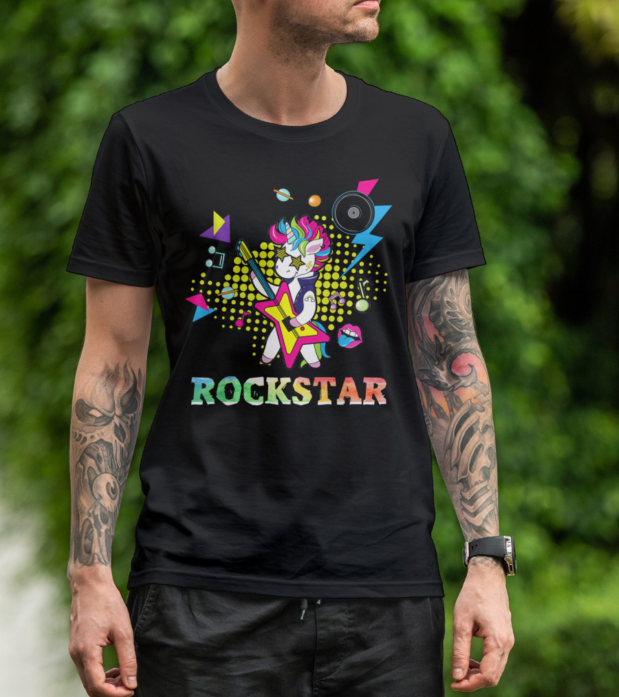Unicorn Rock Star With Guitar Colorful Music Elements And Neon Symbols T-Shirt