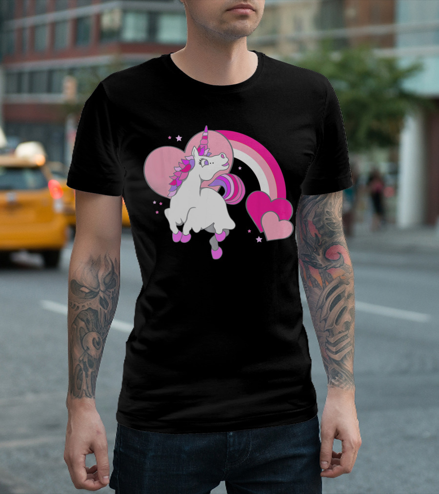 Unicorn Valentines Day Heart Rainbow Pink Stars T-Shirt