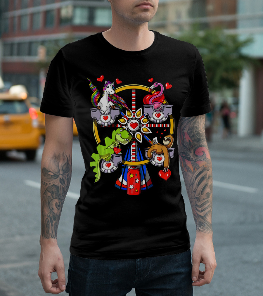 Unicorn Rex Dinosaur Sloth Flamingo Ferris Wheel Love Hearts T-Shirt