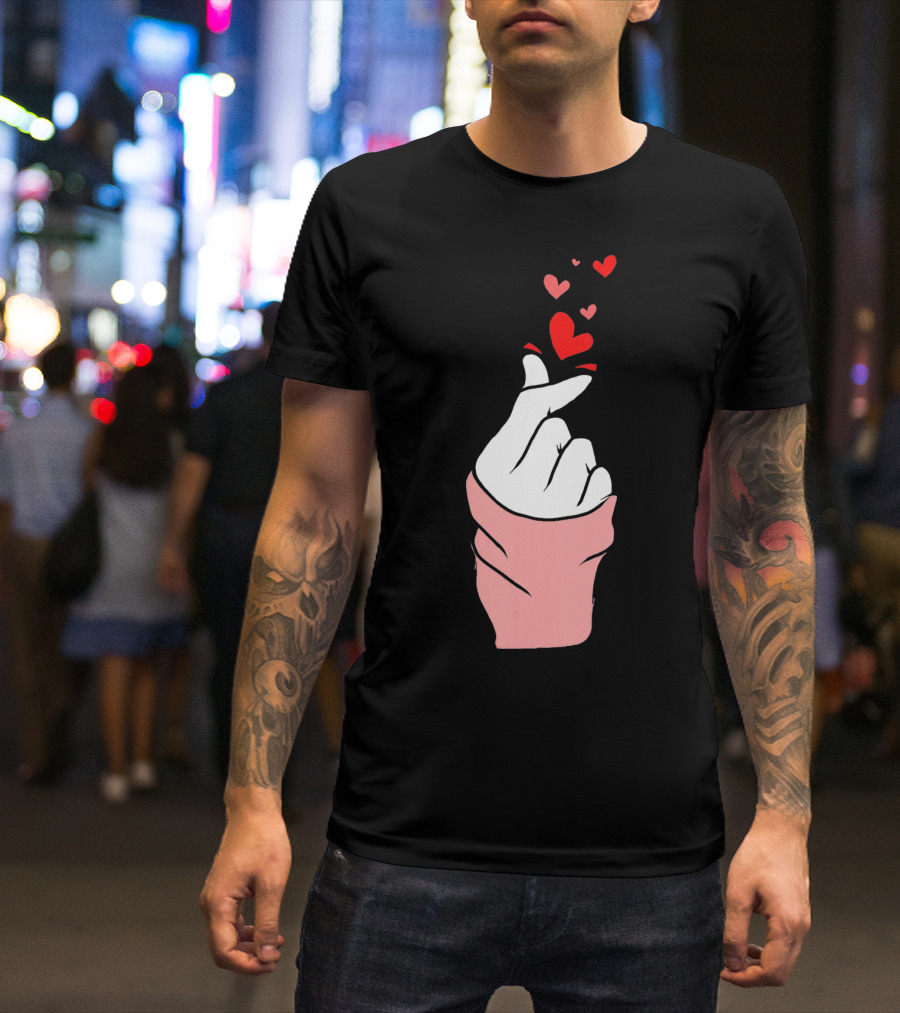 Korean Finger Heart Gesture With Floating Hearts For Valentine's Day T-Shirt