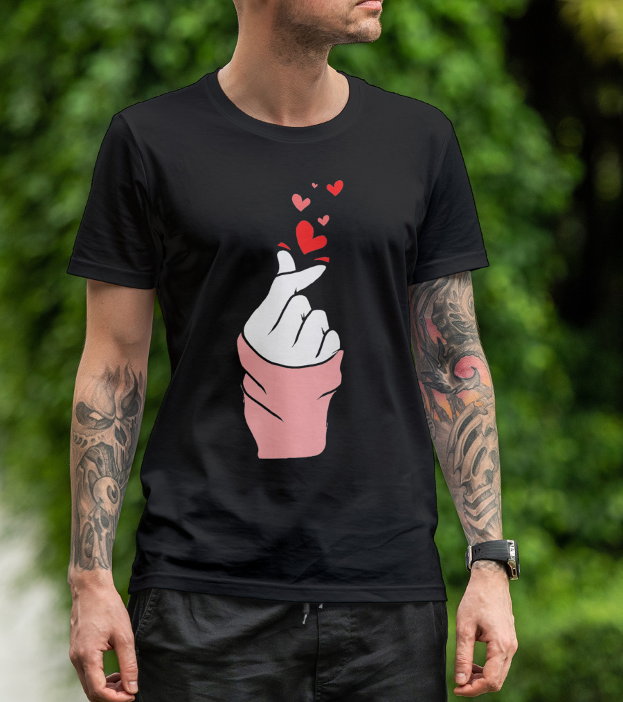 Korean Finger Heart Gesture With Floating Hearts For Valentine's Day T-Shirt
