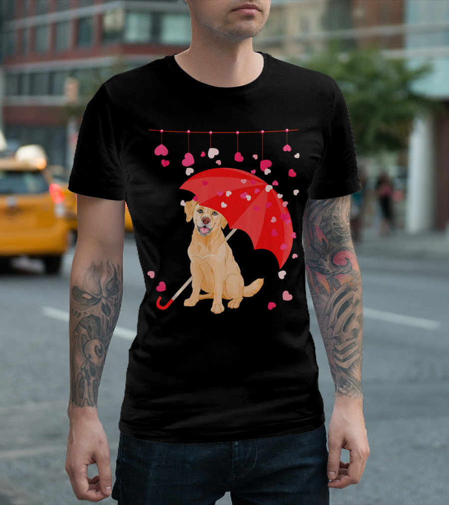Labrador Retriever Under Umbrella with Falling Hearts Valentine's Day T-Shirt