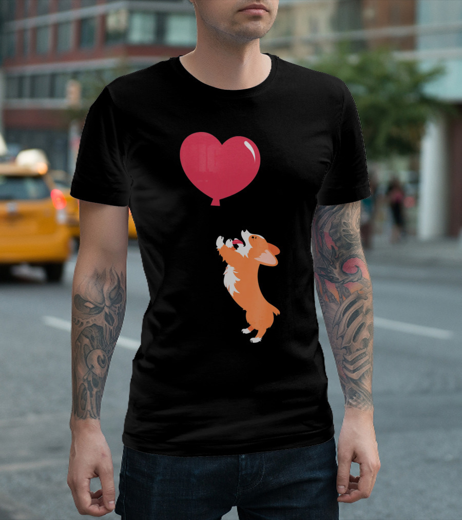 Little Corgi Puppy Dog Reaching for Red Heart Balloon T-Shirt