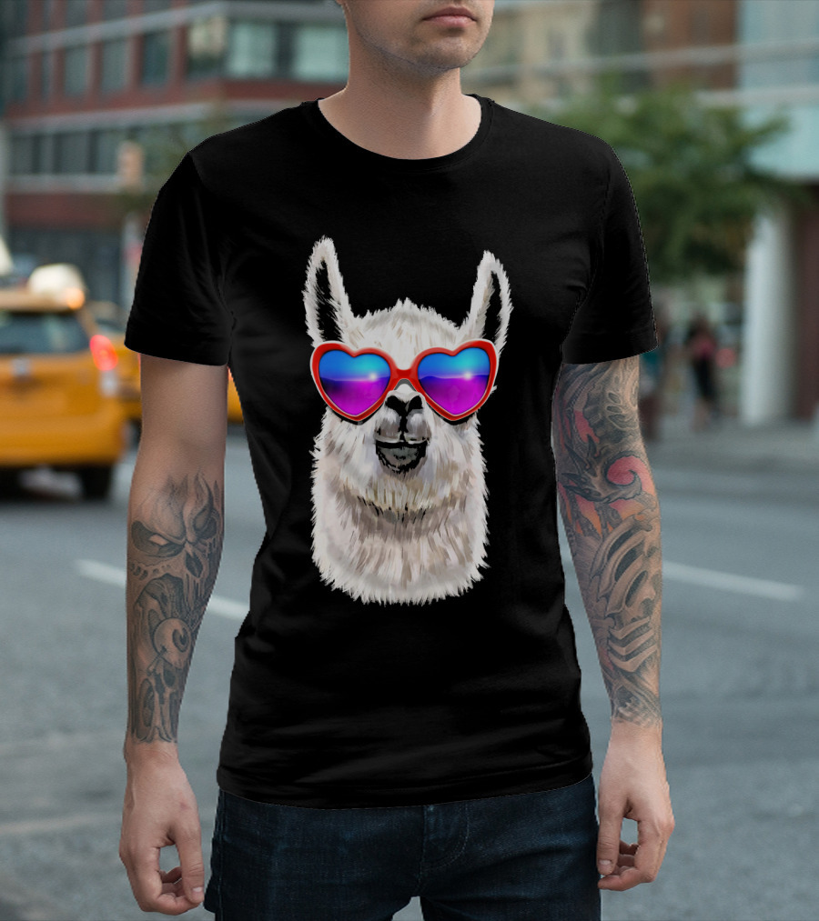 Llama Valentine's Day Heart Sunglasses Fashion T-Shirt