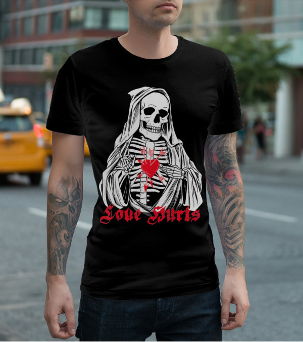 Love Hurts Grim Reaper Skull Heart Arrows Death T-Shirt