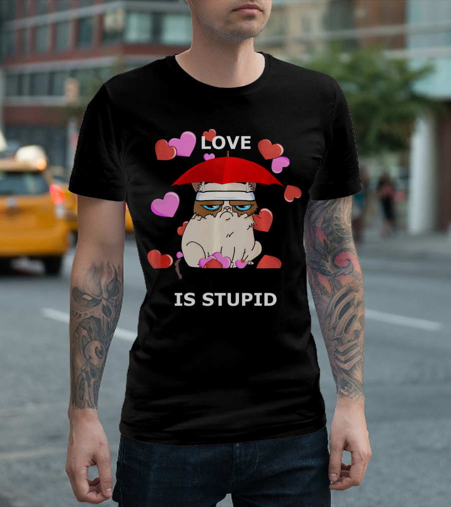 Love Is Stupid Valentines Cat with Hearts and Red Umbrella T-Shirt