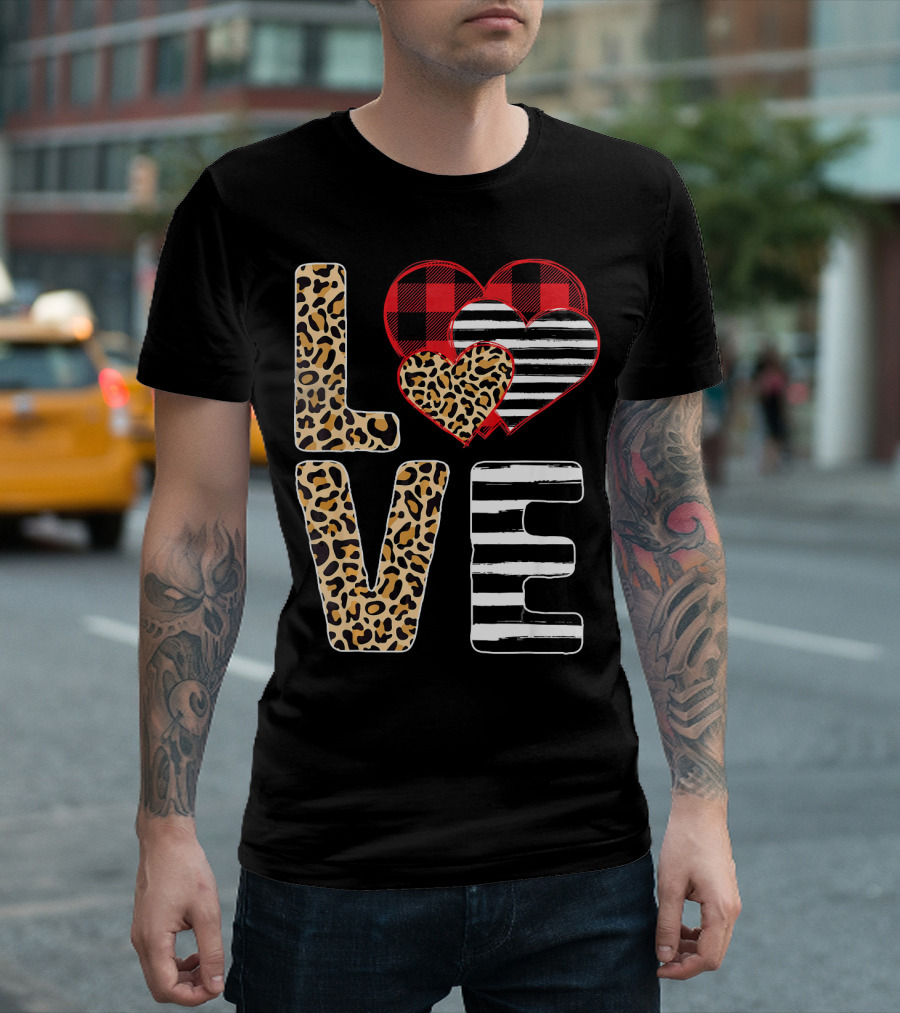 Love Valentines Day Hearts Leopard Buffalo Plaid Stripe T-Shirt