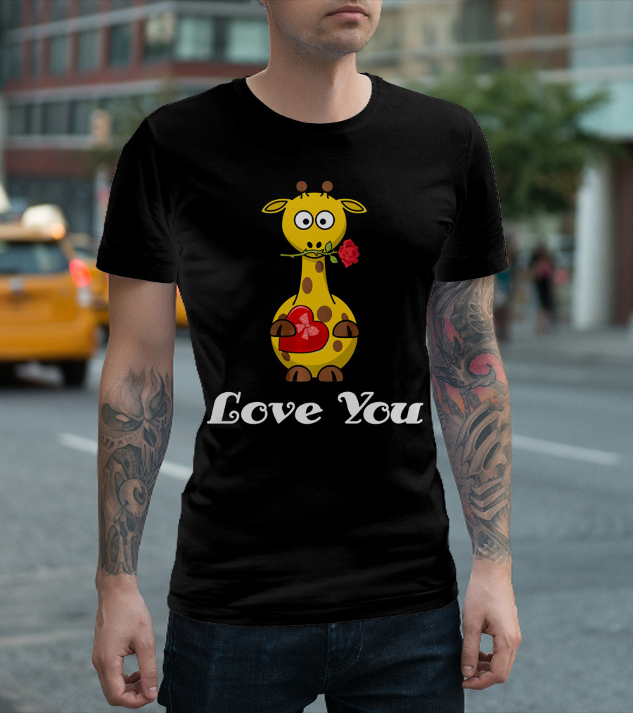 Love You Cute Giraffe Holding Rose and Heart Valentine T-Shirt