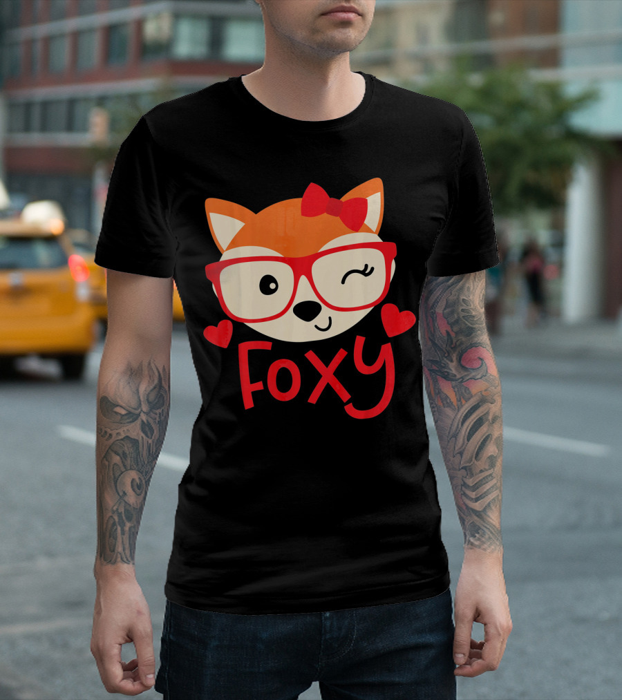 Foxy Cute Winking Fox with Glasses and Bow Valentine Hearts T-Shirt