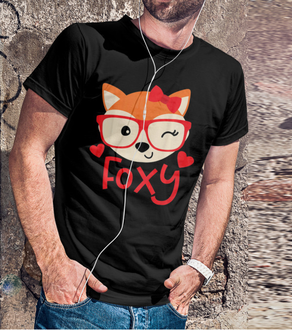 Foxy Cute Winking Fox With Glasses And Bow Valentine Hearts T-Shirt