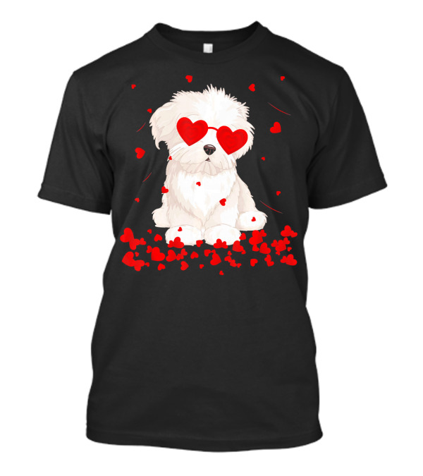 Maltese Dog With Heart Glasses Surrounded By Valentine Hearts T-Shirt