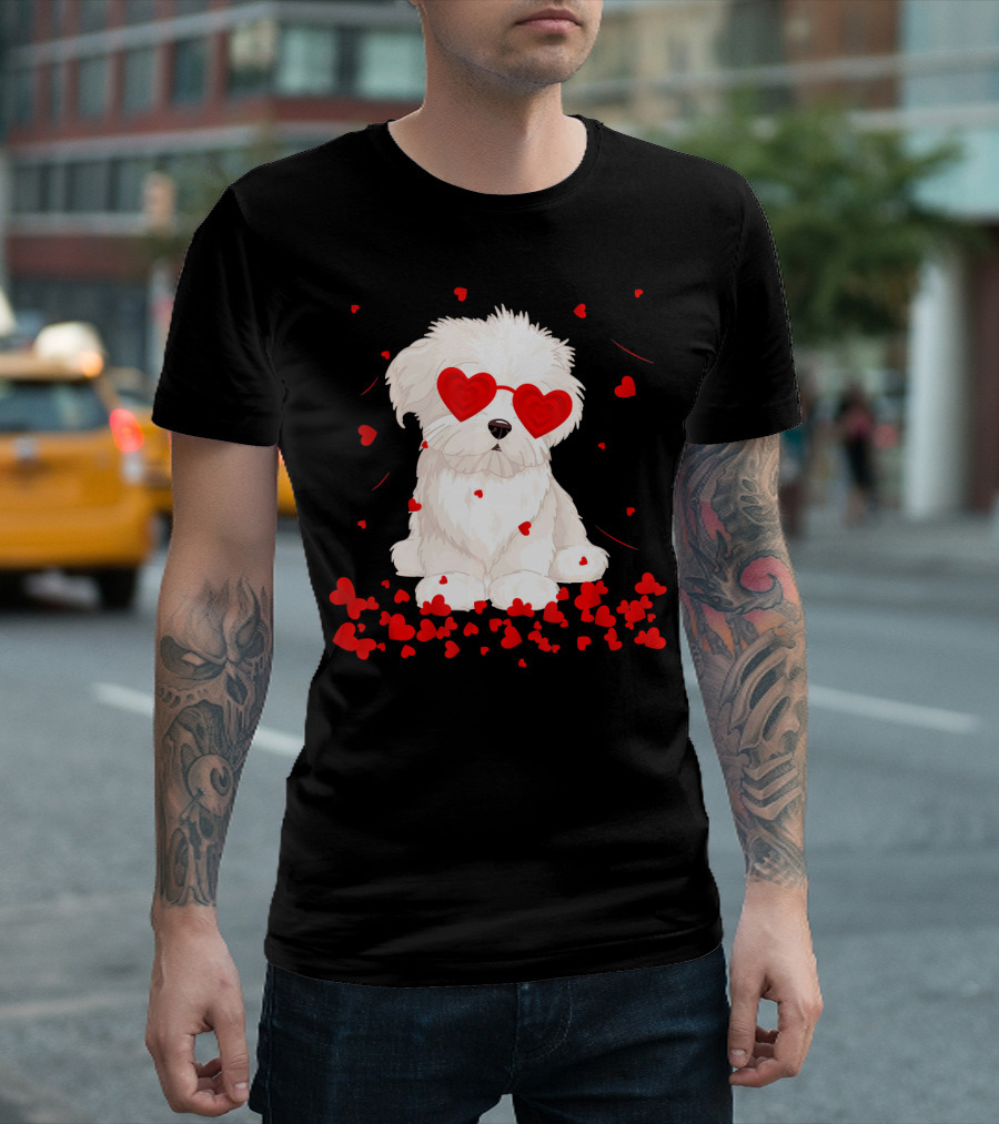 Maltese Dog With Heart Glasses Surrounded By Valentine Hearts T-Shirt
