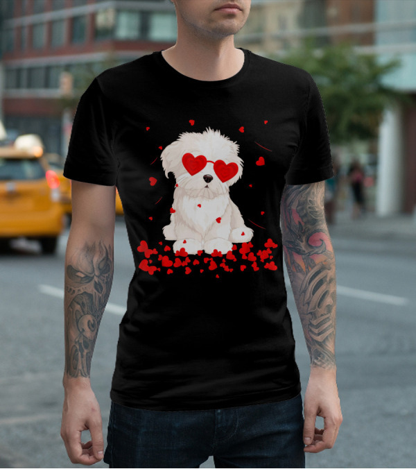 Maltese Dog With Heart Glasses Surrounded By Valentine Hearts T-Shirt