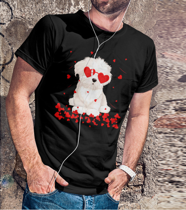 Maltese Dog With Heart Glasses Surrounded By Valentine Hearts T-Shirt