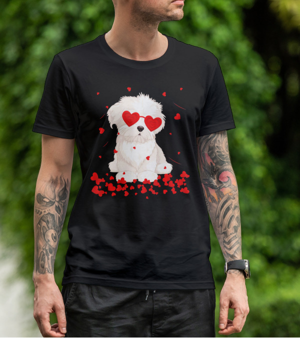 Maltese Dog With Heart Glasses Surrounded By Valentine Hearts T-Shirt