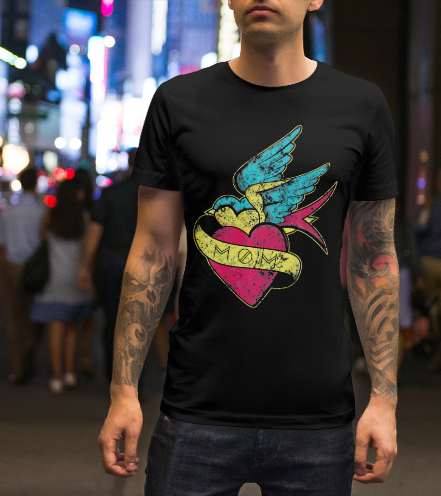 Mom Heart With Blue Bird Vintage Tattoo Valentines T-Shirt