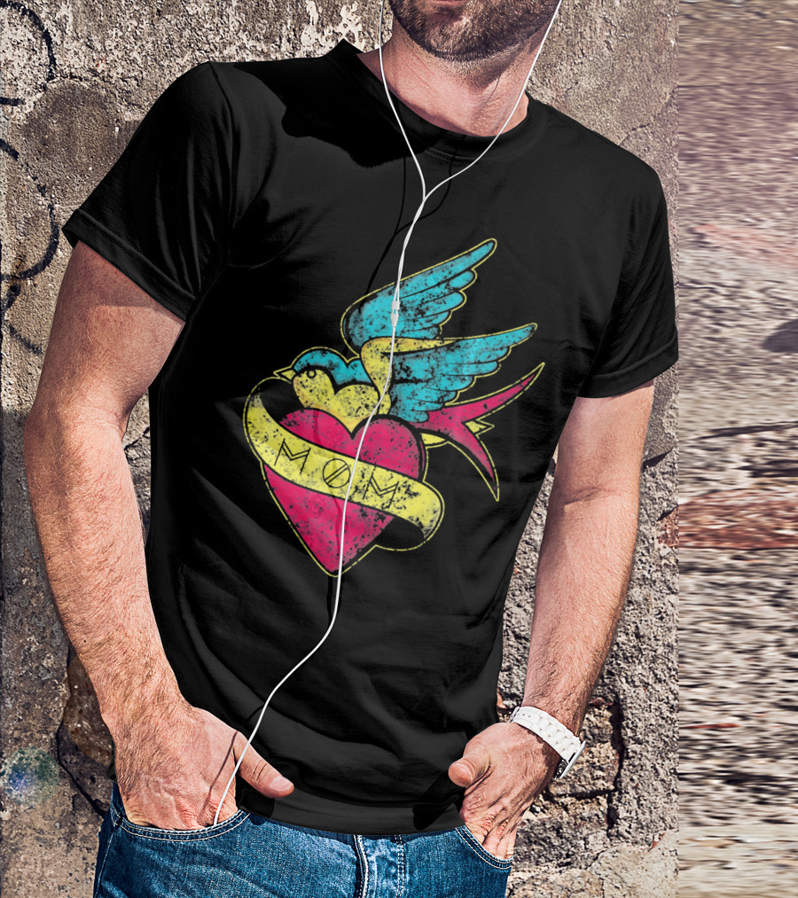 Mom Heart With Blue Bird Vintage Tattoo Valentines T-Shirt