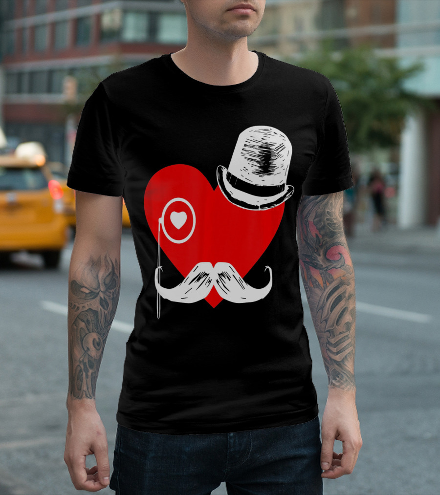 Heart Mustache Monocle Top Hat Valentines Day T-Shirt