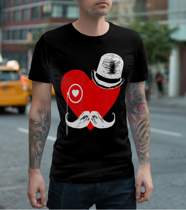 Heart Mustache Monocle Top Hat Valentines Day T-Shirt