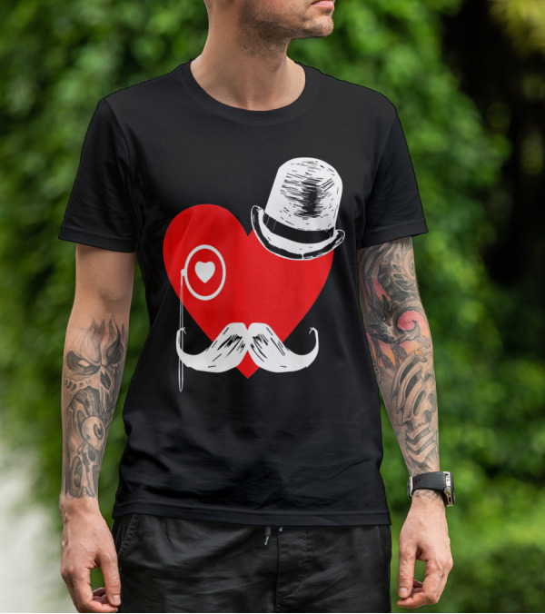 Heart Mustache Monocle Top Hat Valentines Day T-Shirt