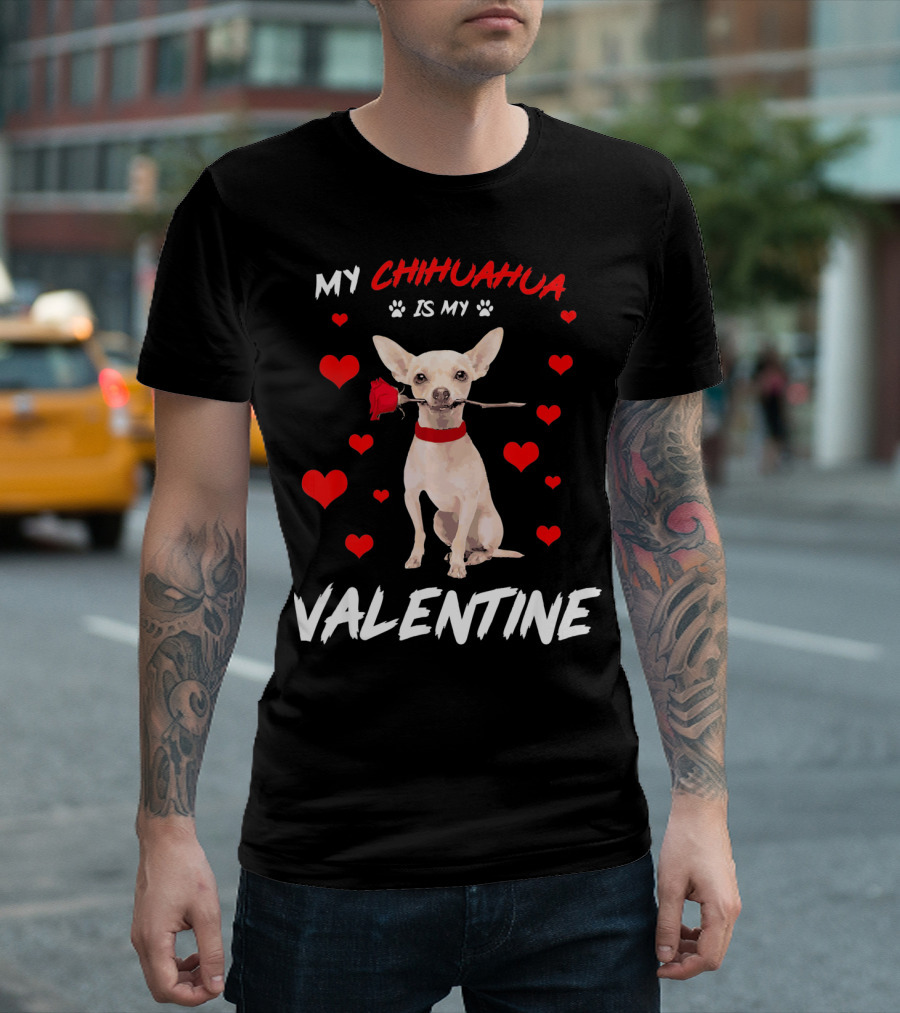 My Chihuahua Is My Valentine Raining Hearts Red Rose T-Shirt