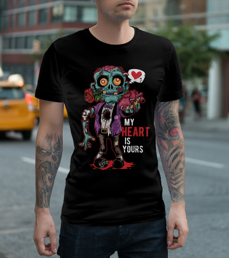 Zombie Valentine My Heart Is Yours with Brain and Rose T-Shirt