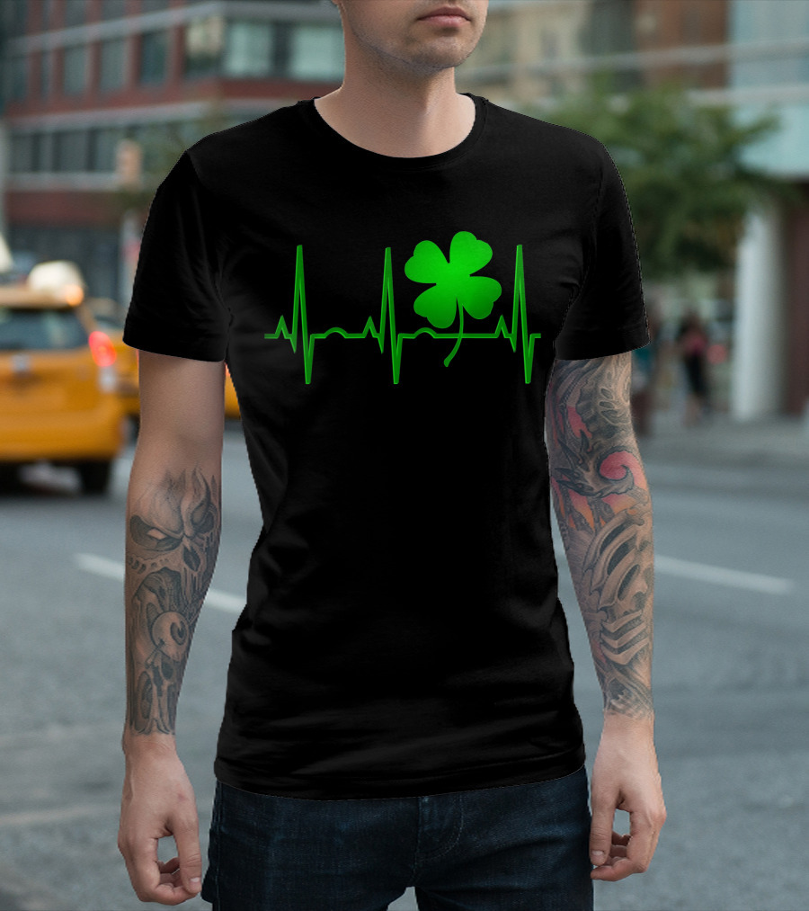 St Patricks Day Irish Shamrock Heartbeat EKG T-Shirt
