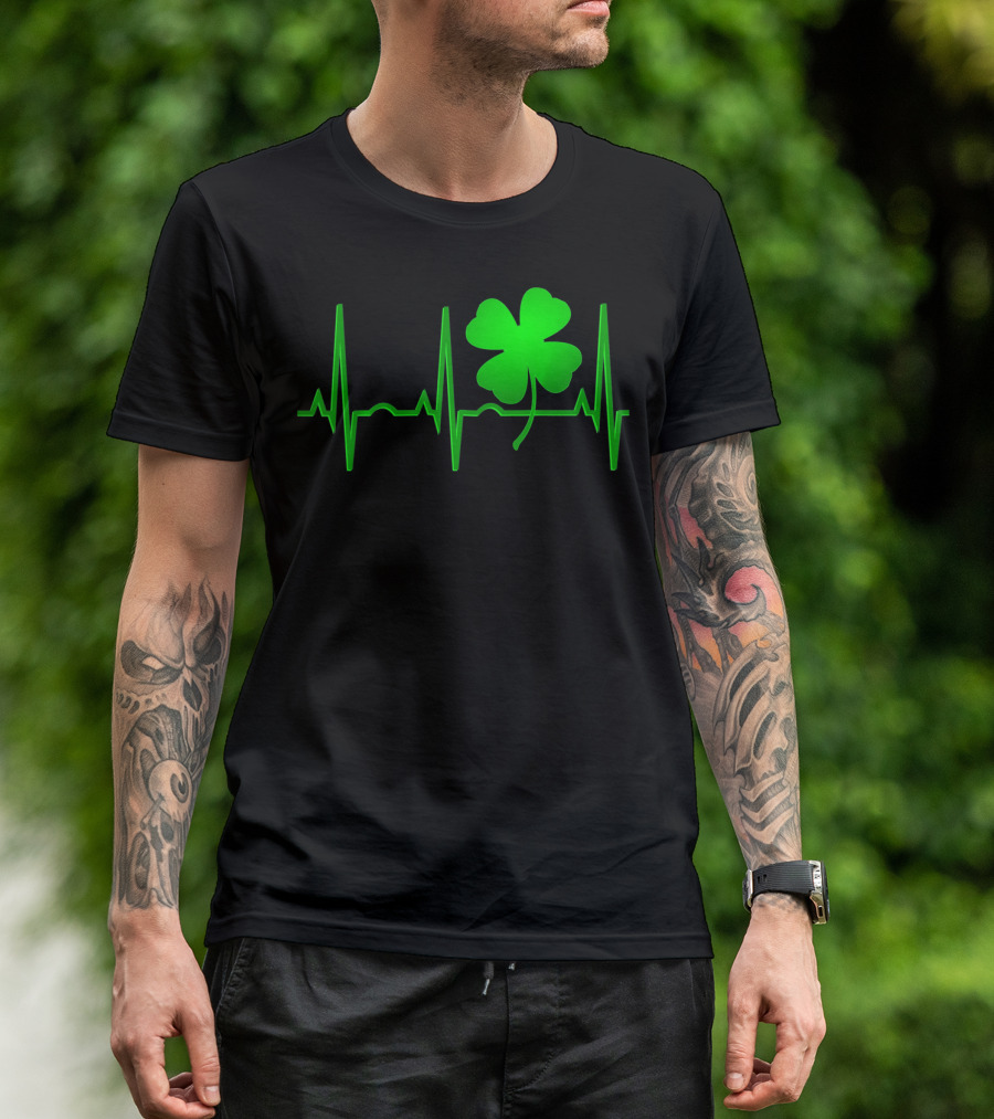St Patricks Day Irish Shamrock Heartbeat EKG T-Shirt