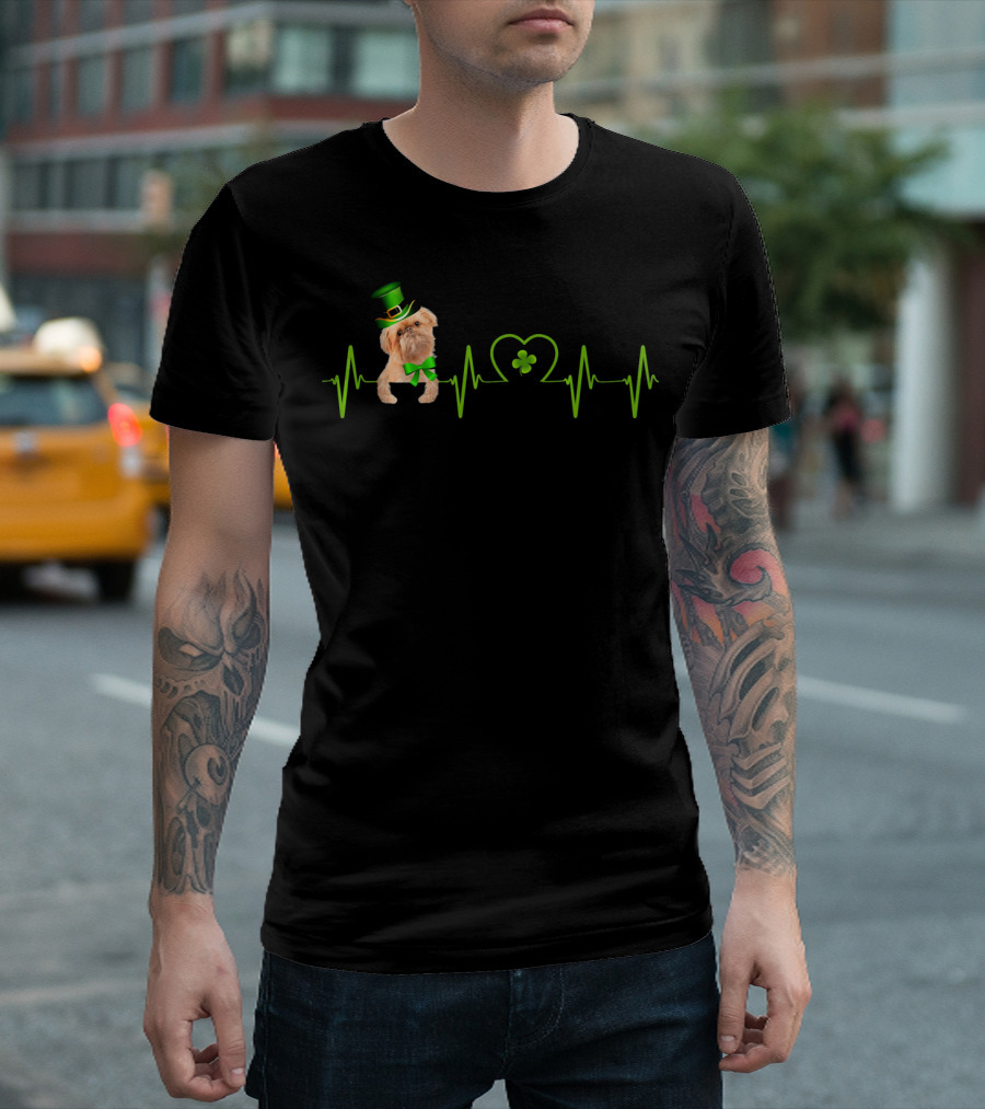 Brussels Griffon Heartbeat with St Patrick's Shamrock and Green Hat T-Shirt