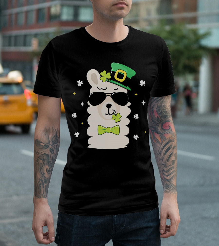 Llama Leprechaun Kids St Patricks Day Clover Hat Sunglasses Bow Tie T-Shirt