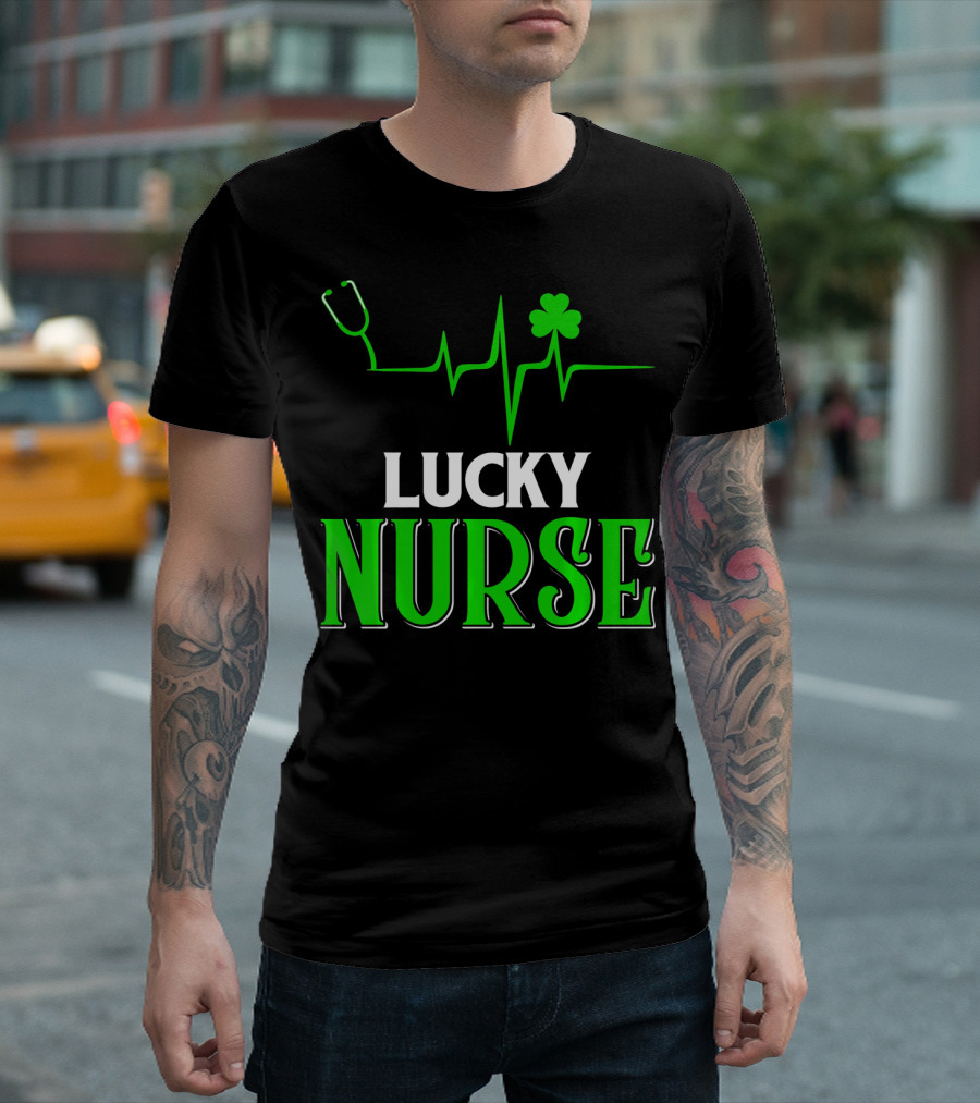 LUCKY NURSE Stethoscope Shamrock Heartbeat T-Shirt