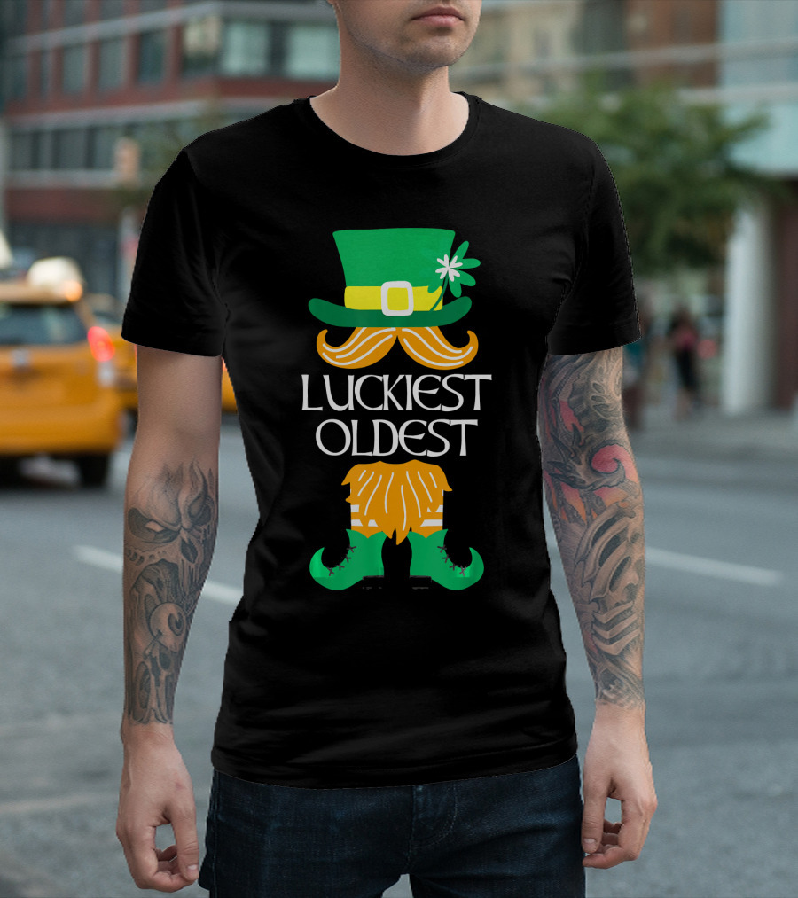 Luckiest Oldest Leprechaun Irish Green Hat and Boots T-Shirt