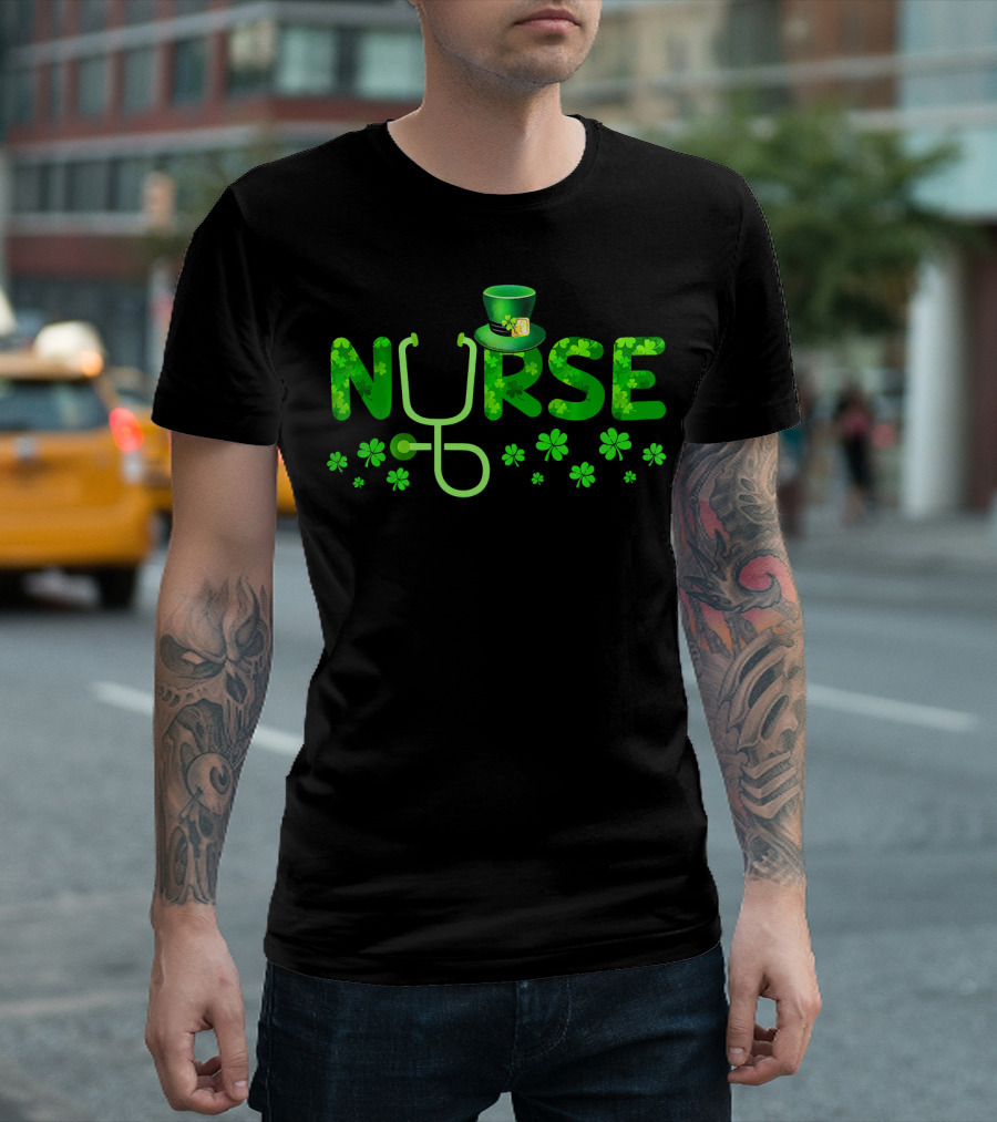 Nurse Shamrock Leprechaun Hat Stethoscope Clover T-Shirt