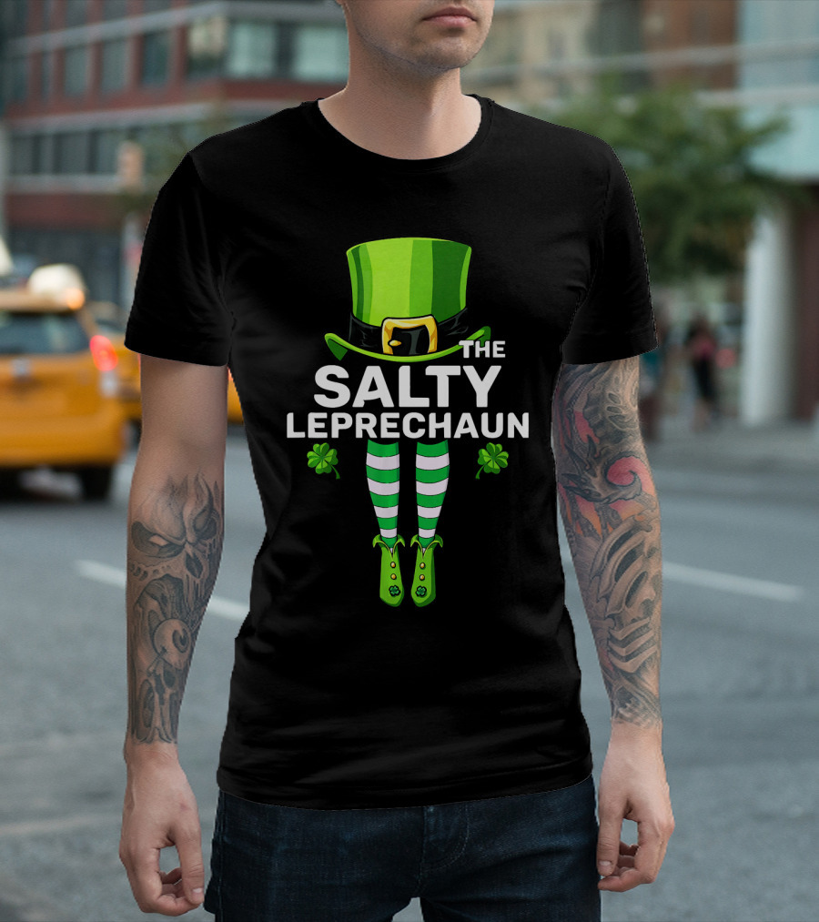 The Salty Leprechaun Green Hat and Striped Legs with Shamrocks T-Shirt