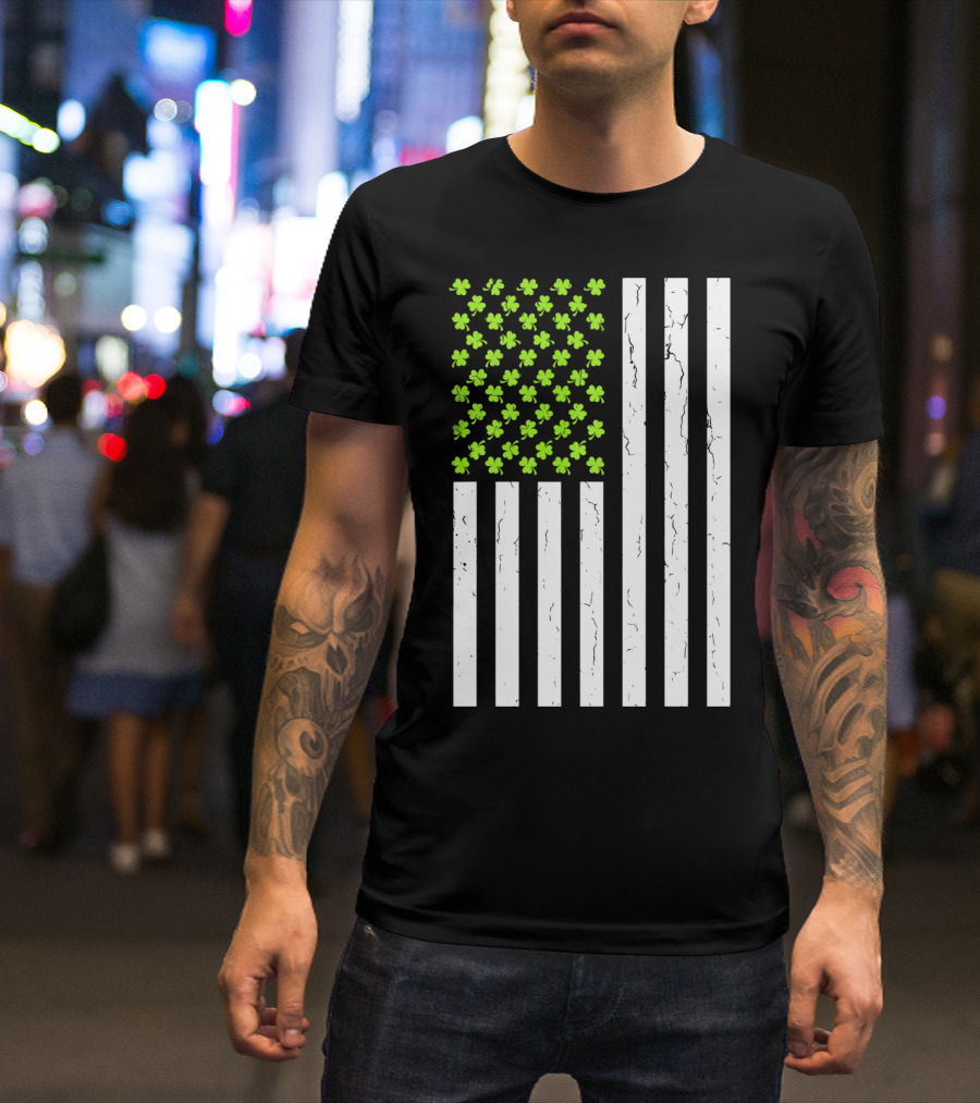 St Patricksday Shamrock American Flag T-Shirt
