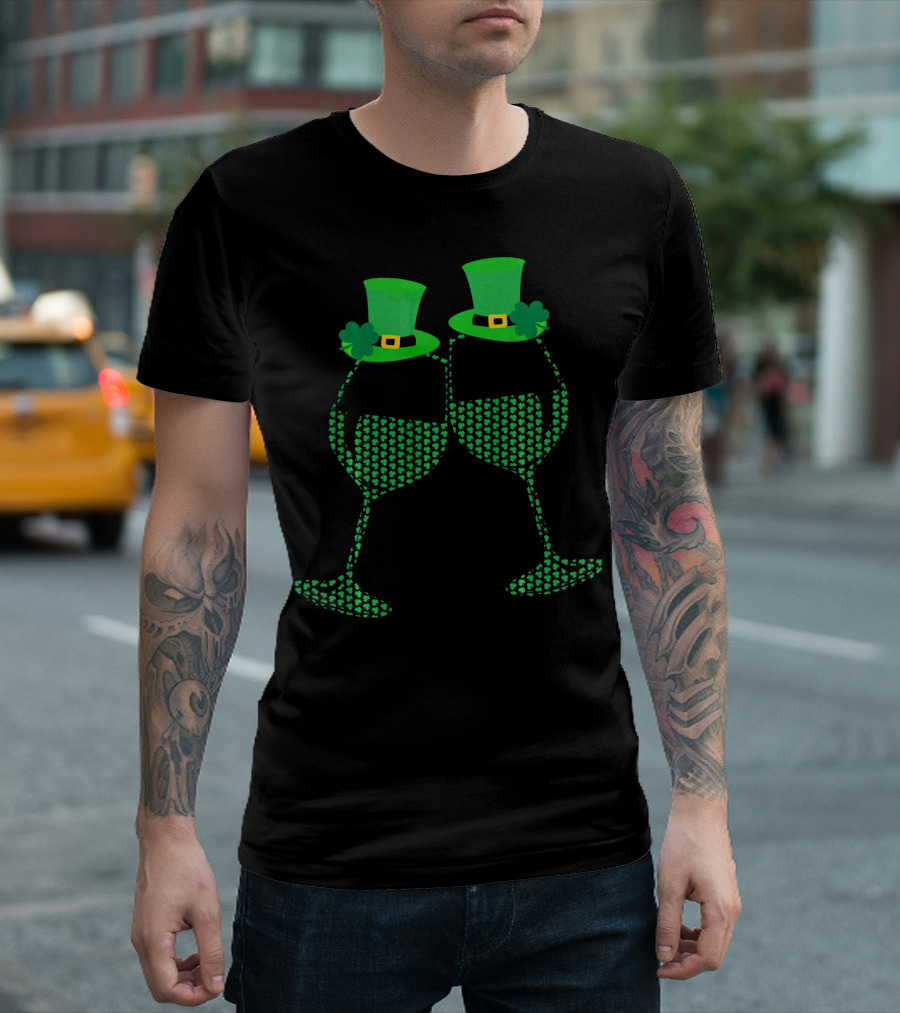Wine Glasses Shamrock Leprechaun Hats St. Patrick's Day T-Shirt