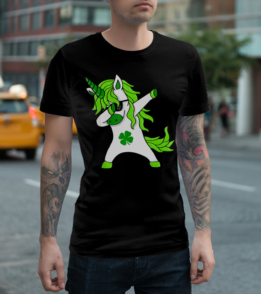 Mens Womens Dabbing Unicorn With Green Shamrock And Hair T-Shirt