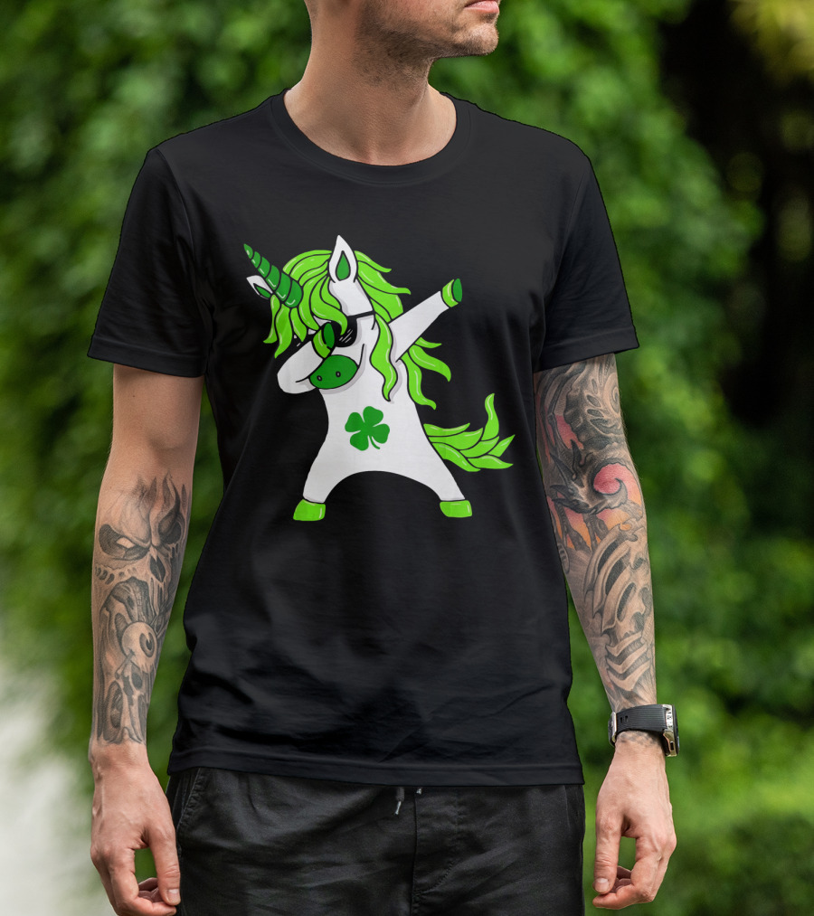 Mens Womens Dabbing Unicorn With Green Shamrock And Hair T-Shirt