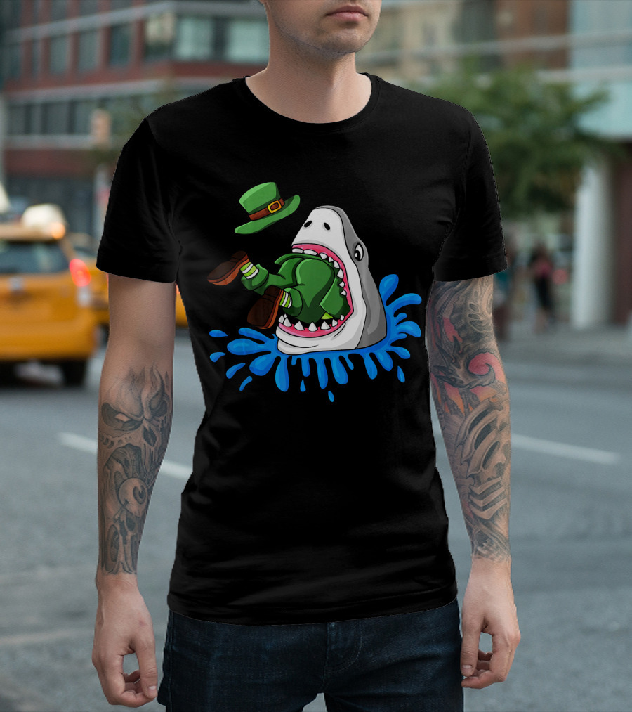 Shark Devours Leprechaun Wearing Green Outfit with Dropped Hat in Water Splash T-Shirt