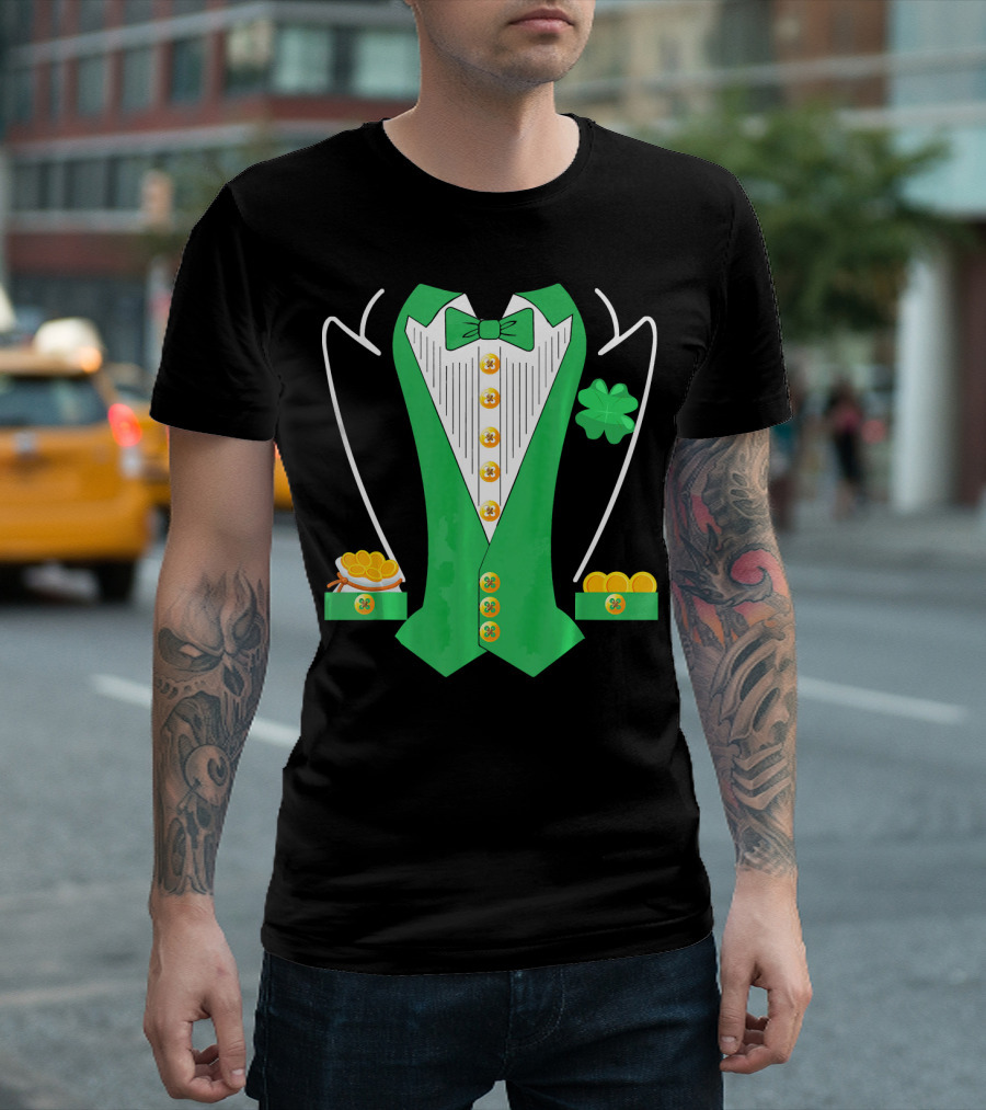 Leprechaun Costume Girl Green Suit Bow Tie Clover Gold Coins T-Shirt