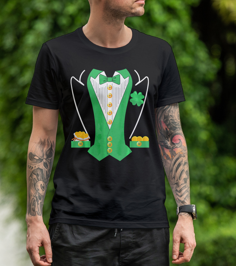 Leprechaun Costume Girl Green Suit Bow Tie Clover Gold Coins T-Shirt